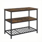 Console table with wooden top and shelves on a white background