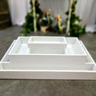 tiered white wooden smores table tray rental 