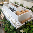 tiered white wooden smores table tray rental 