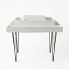 White smores tray table rental with black hairpin legs on a white background