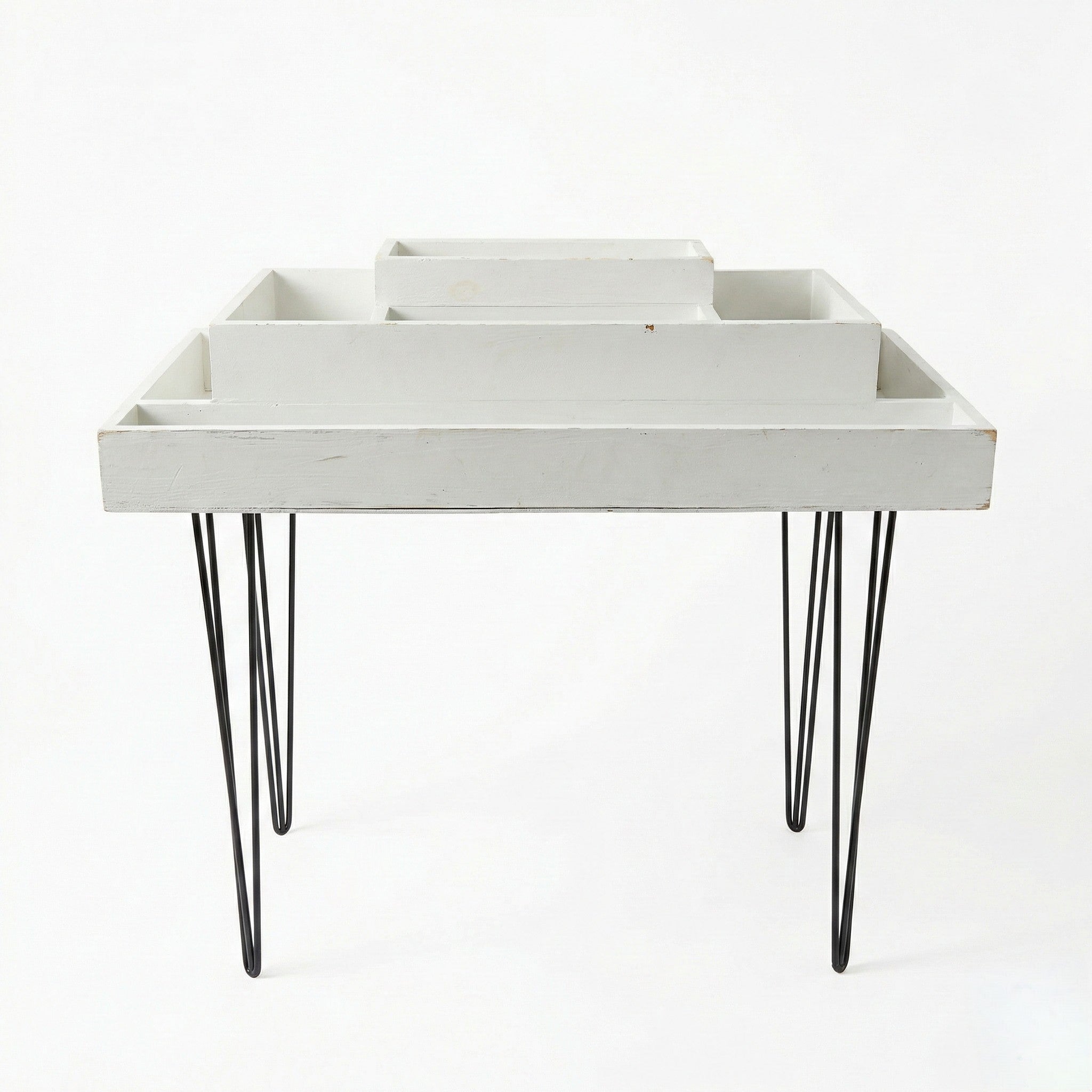 White smores tray table rental with black hairpin legs on a white background