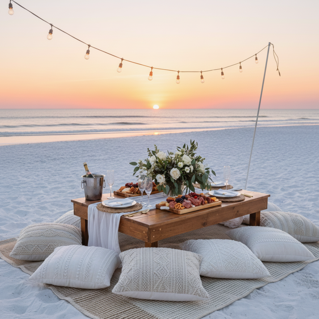 unforgettable high end sunset beach picnic date night in panama city beach