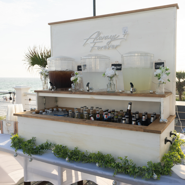 Large centerpiece bar with shelf and built in cooler and back board. 