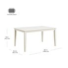 White dining table with dimensions labeled on a white background