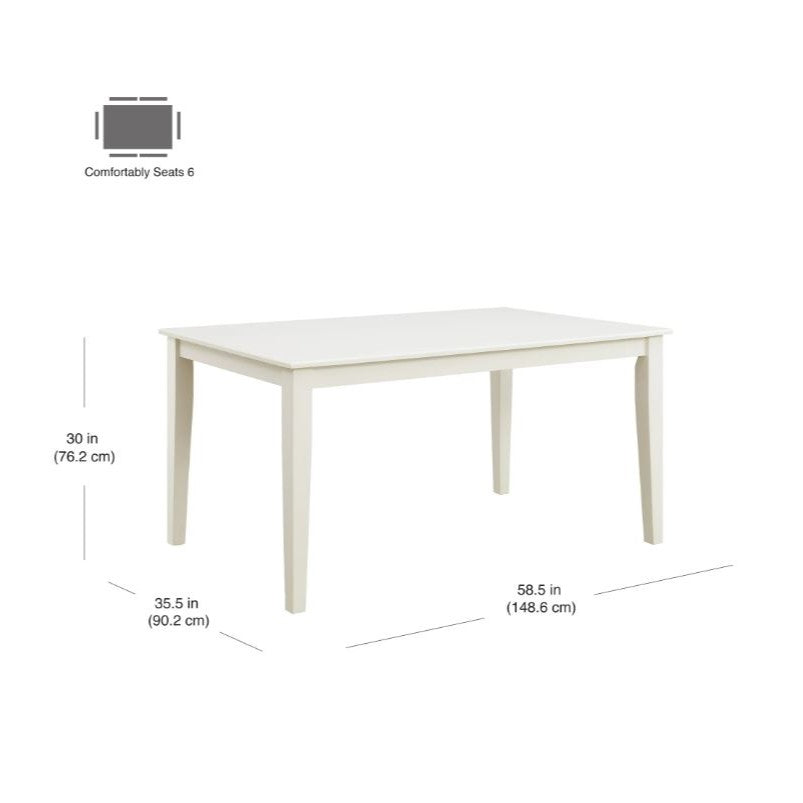White dining table with dimensions labeled on a white background