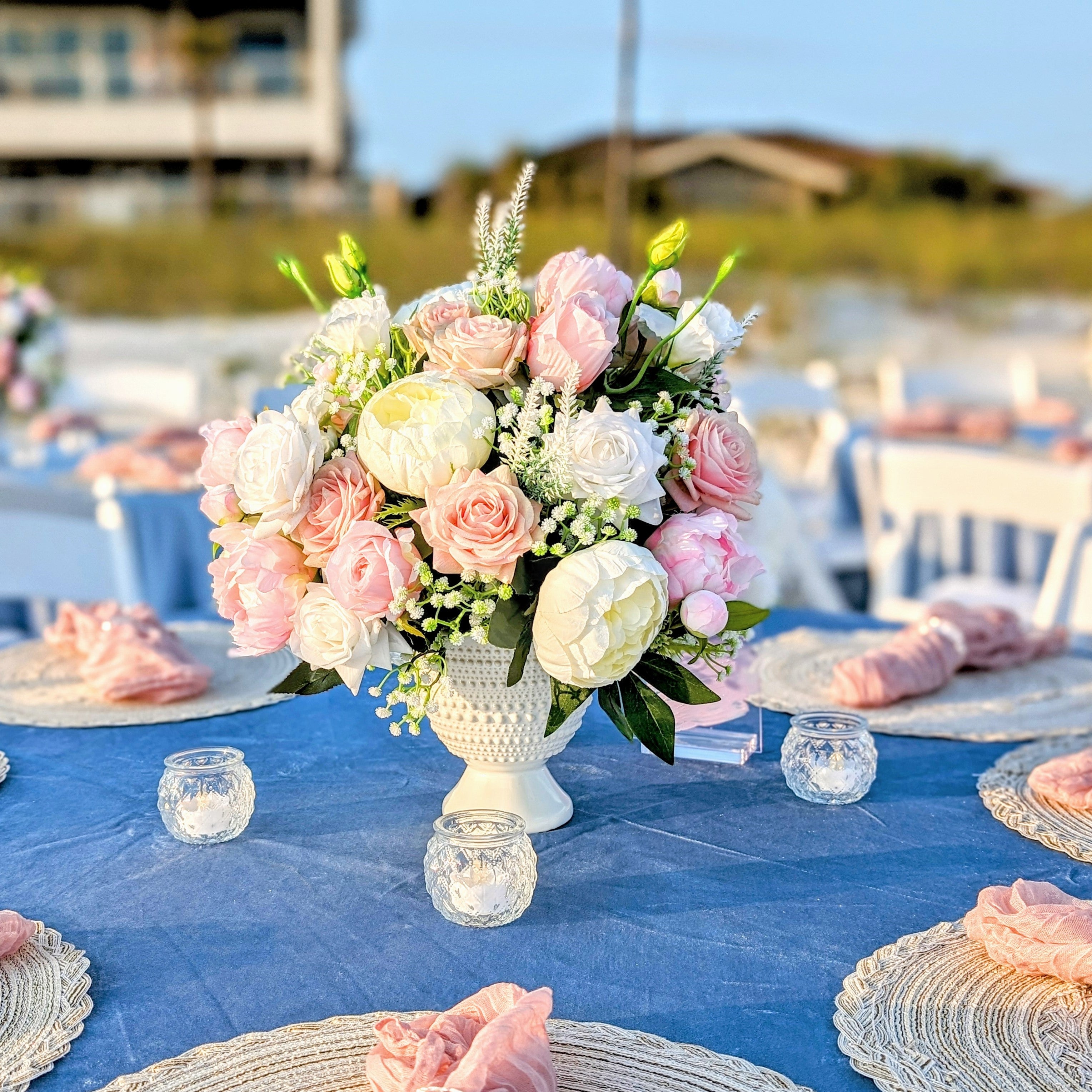 beautiful white hobnail compote milk glass vase centerpiece rental in panama city beach
