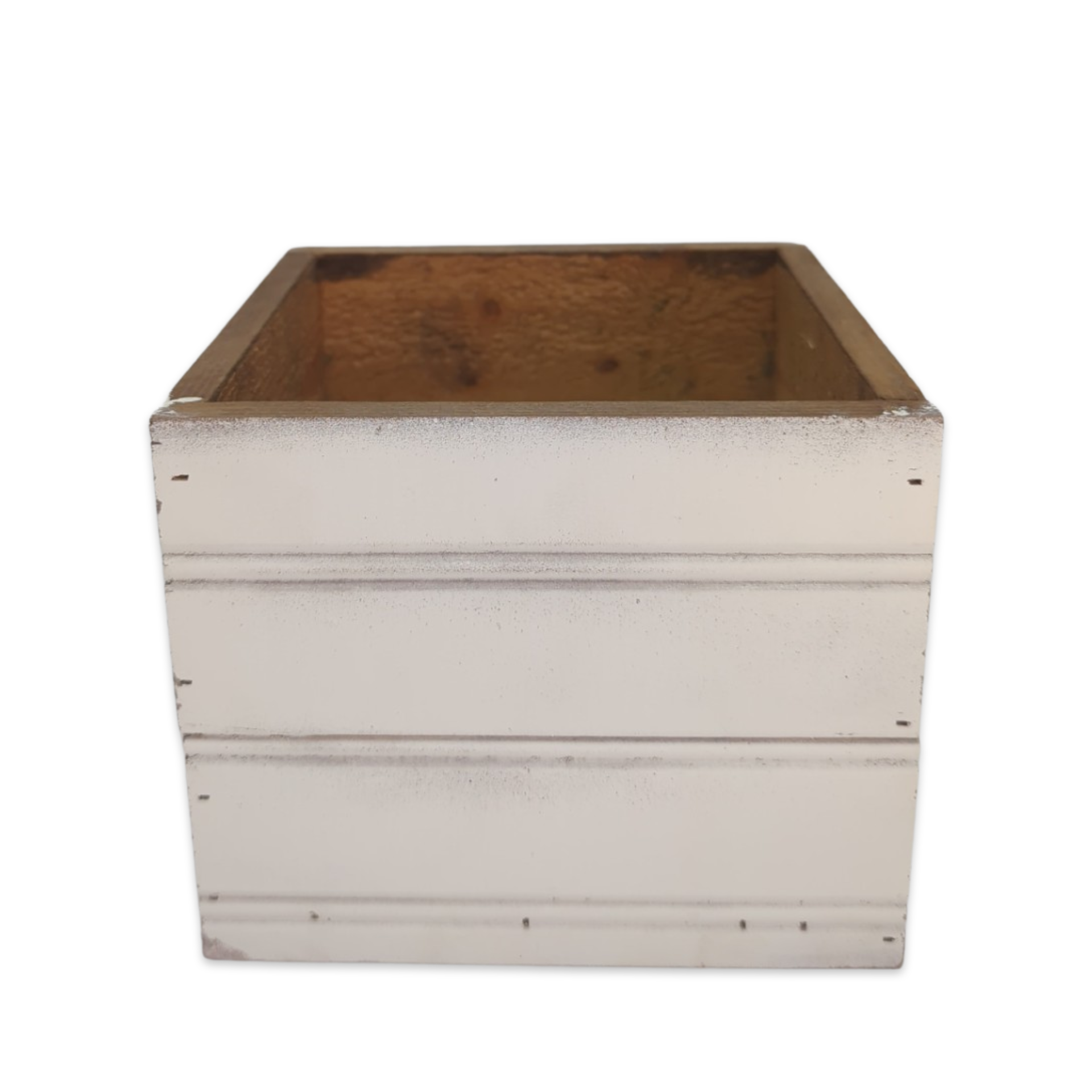 wooden floral box with ribbed design white wooden outside and natural wood inside perfect to display flowers or as a pen or party favor holder for weddings parties or special events