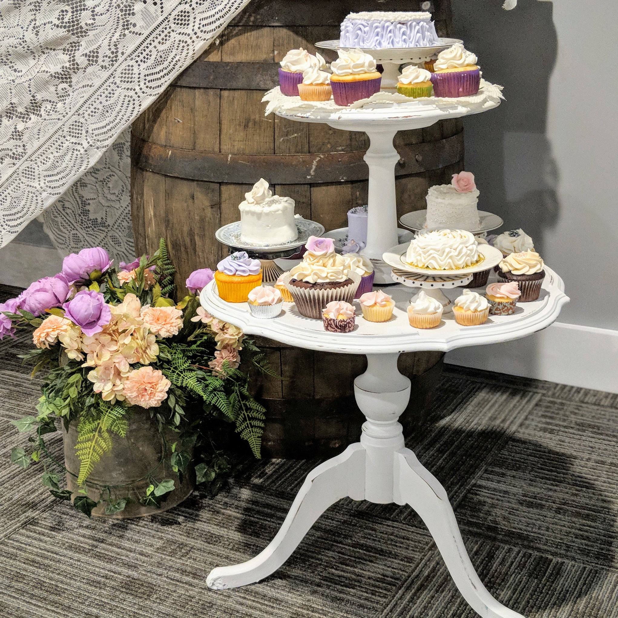 white vintage 2-tier tea table rental for wedding  