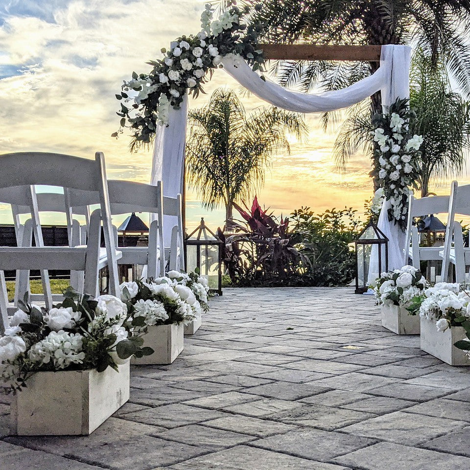 white rectangle flower box aisle marker rentals