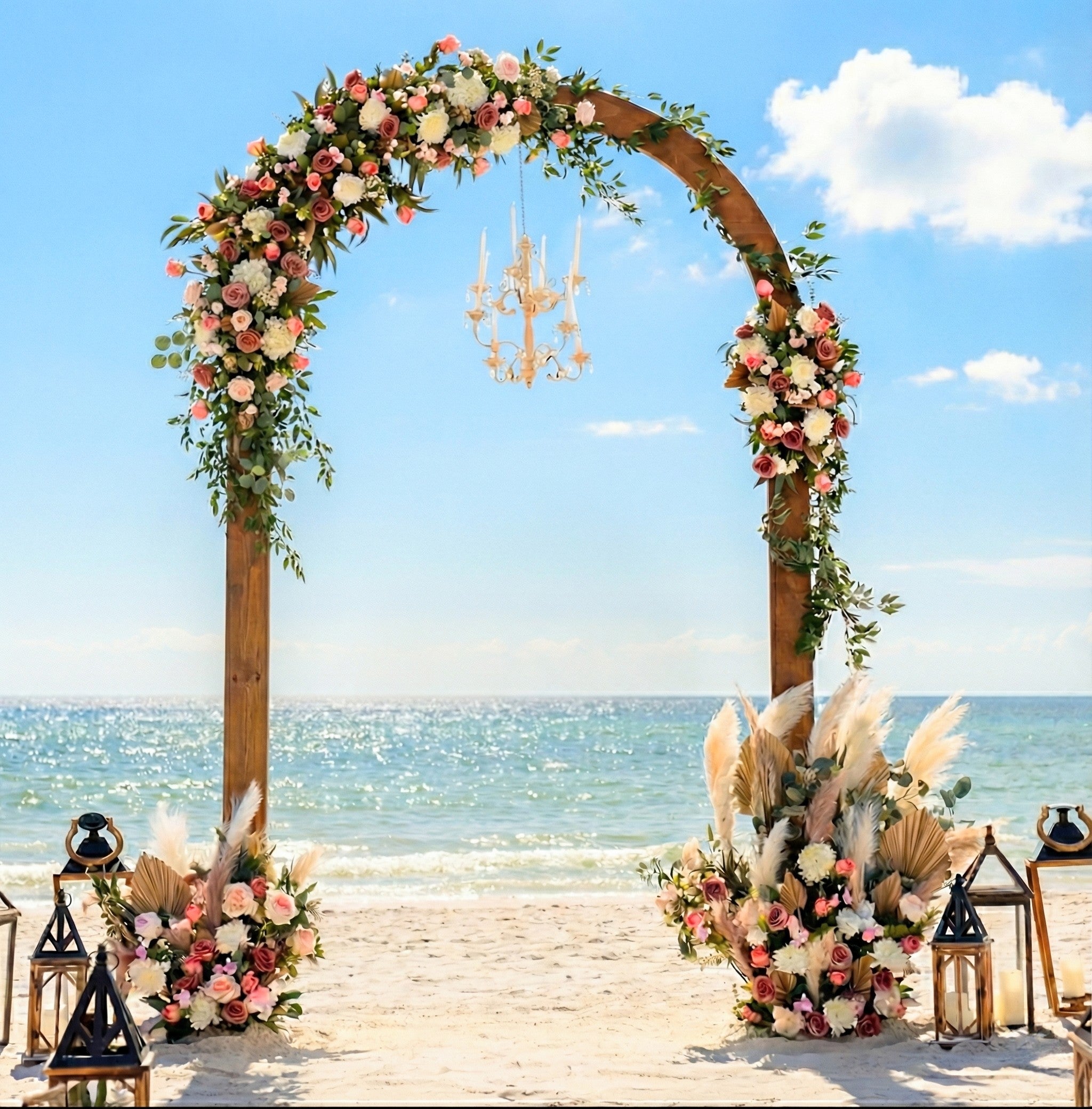 Unique tall wood dome wedding arbor with floral accents