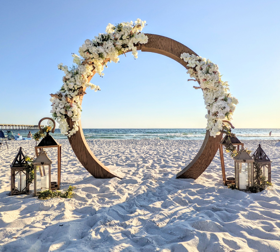 wood circle moon gate wedding arch arbor beach wedding rental in panama city beach wedding florist