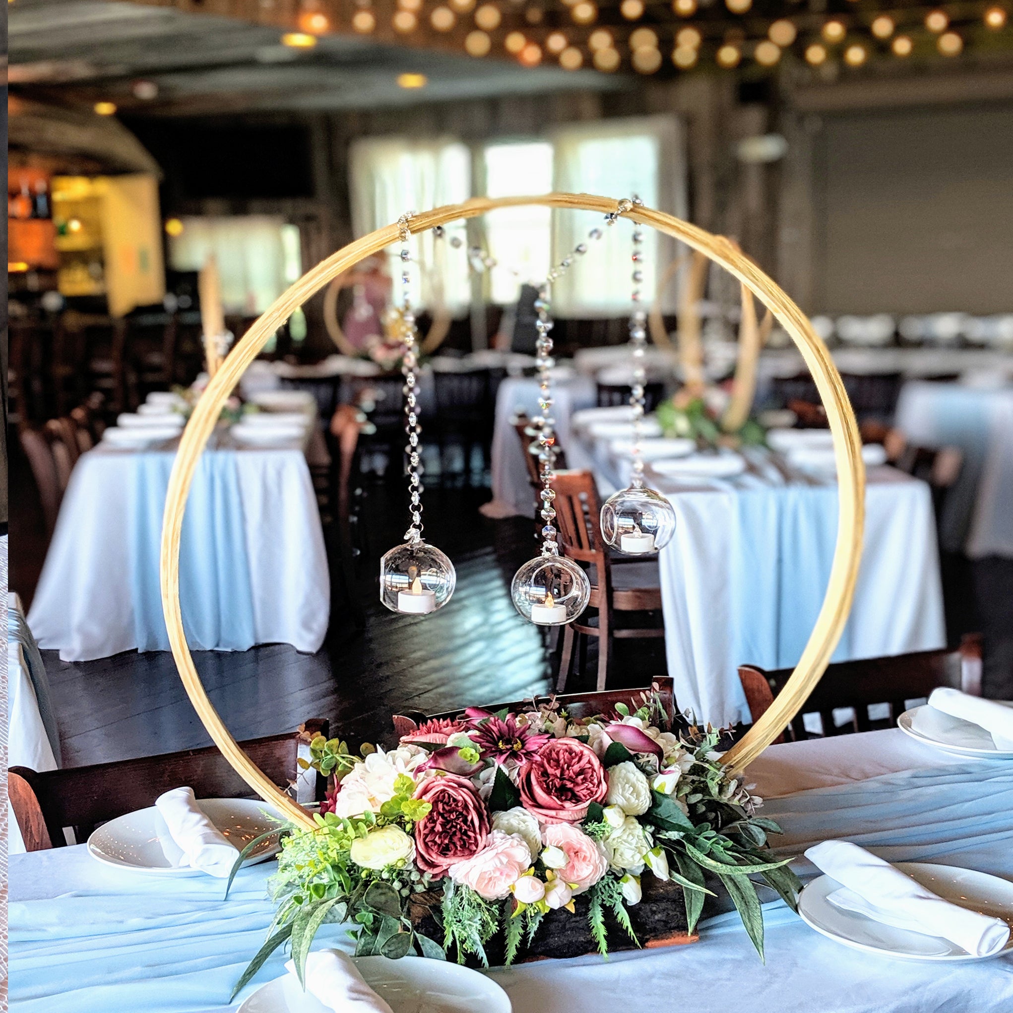 Modern Wooden Circle with Crystal Centerpiece - The Wedding Shop