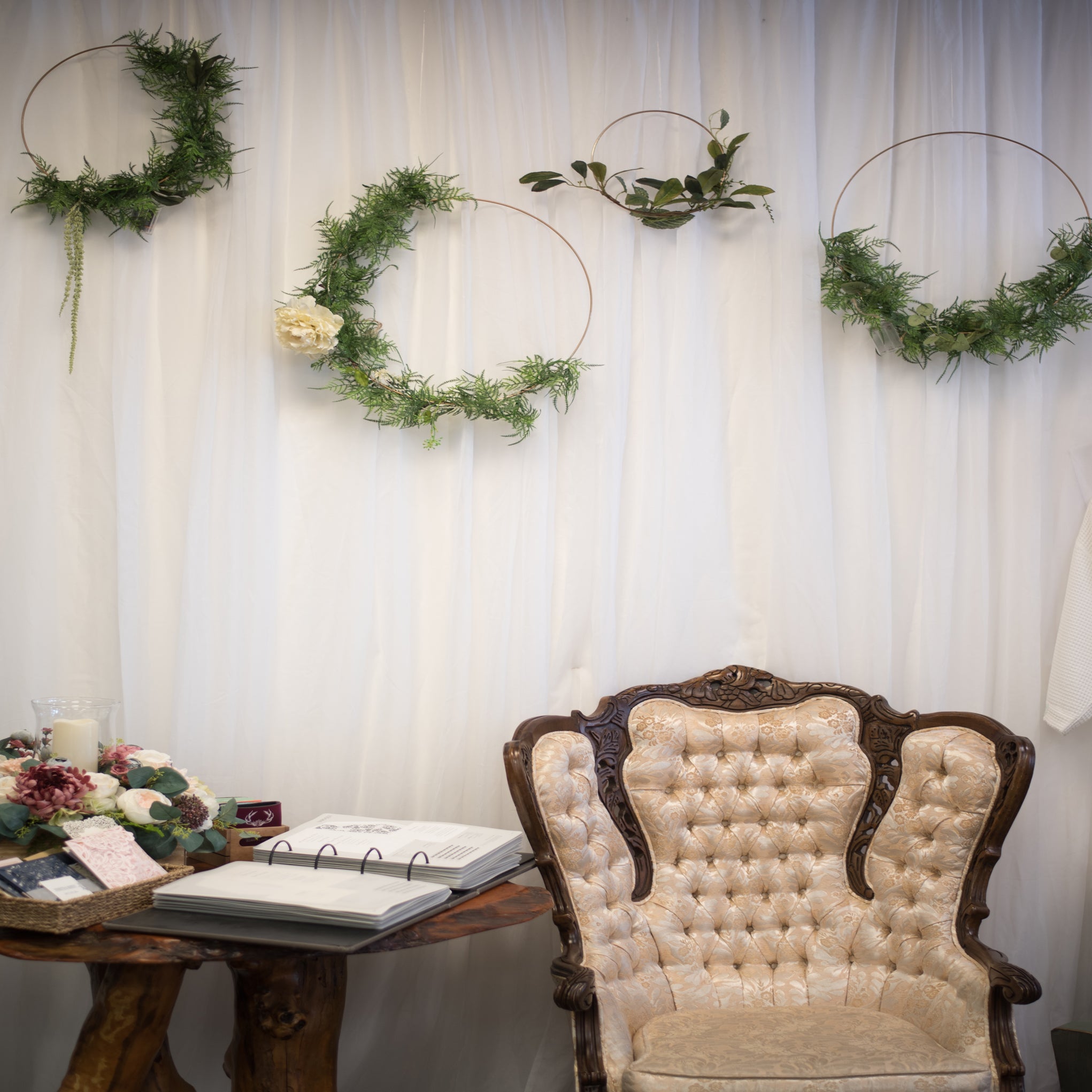 Gold Flower Ring & Sheer Backdrop - The Wedding Shop